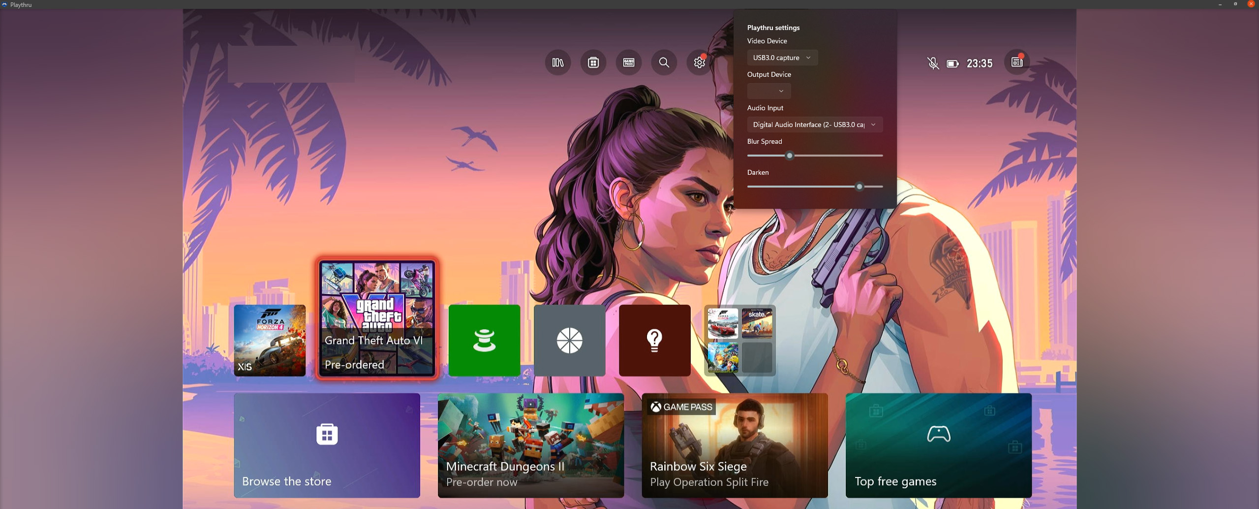 Playthru application preview showing blurred ultrawide edges